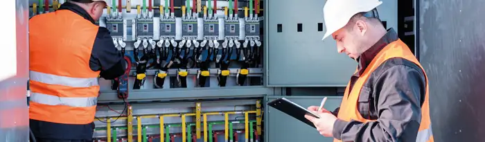Engineers inspecting an open control panel